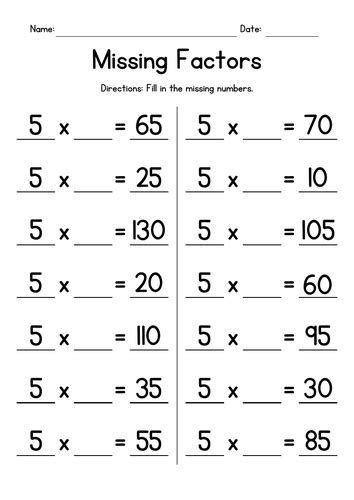 Multiplication Tables Of 5 Missing Factors Teaching Resources