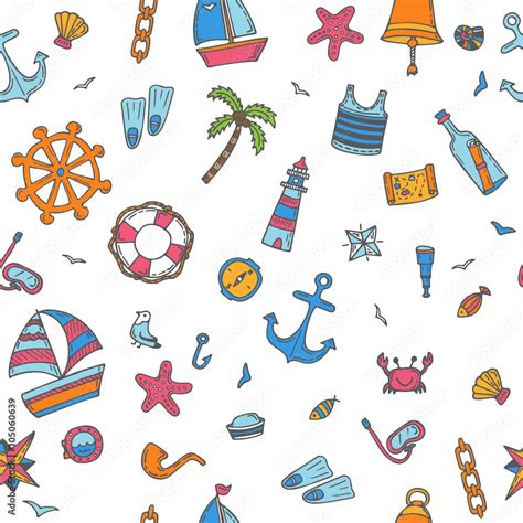 Hand Drawn Color Seamless Pattern With Nautical Elements Nautic Stock