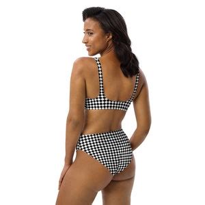 Checkered Print Recycled High Waisted Bikini Set Black White Check