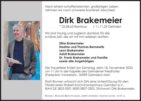 Traueranzeigen Von Dirk Brakemeier Trauer Anzeigen De