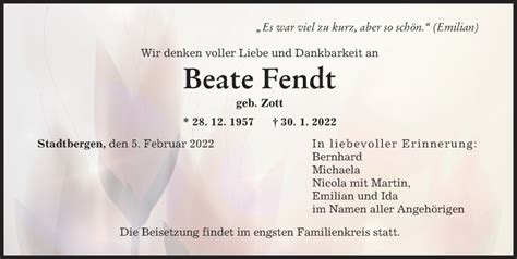 Traueranzeigen Von Beate Fendt Augsburger Allgemeine Zeitung