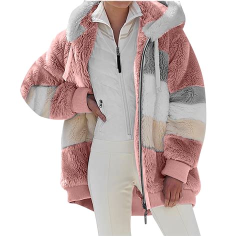 Htnbo Women Plus Size Winter Warm Loose Plush Zip Hooded Jacket Coat Pink 4xl