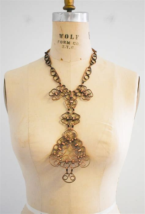 1960s Handmade Copper Statement Link Necklace Gem