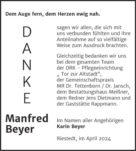 Traueranzeigen Von Manfred Beyer Abschied Nehmen De