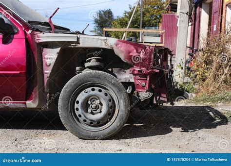 Red Car after the Crash. stock photo. Image of overhaul - 147875204