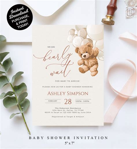 Bear Balloons Baby Shower Invitation Template, We Can Bearly Wait