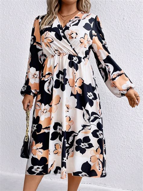 Plus Floral Print Surplice Neck Lantern Sleeve Dress Shein Usa