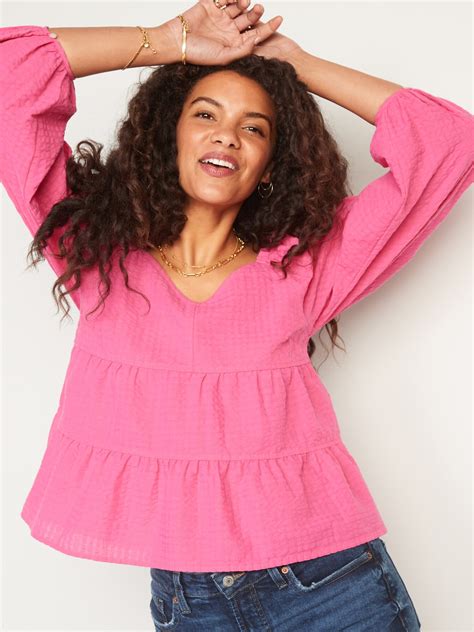 Tiered Seersucker Long Sleeve Swing Top For Women Old Navy