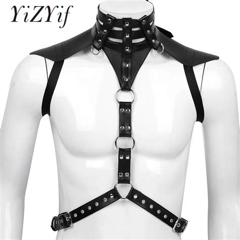 Yizyif Harness Men Chest Bondage Bust Faux Leather Halter Neck