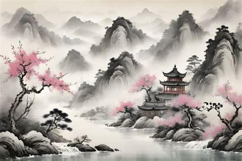 Misty Mountains Traditional Chinese River Landscape Painting Stock