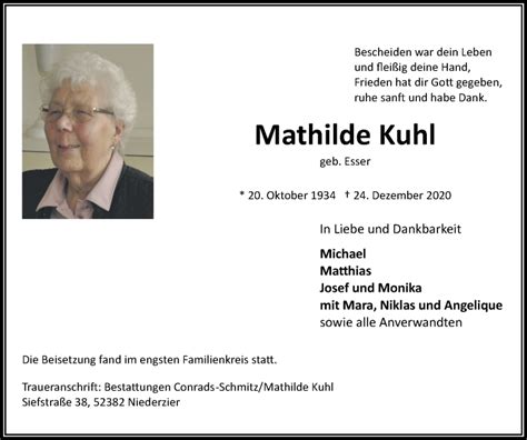 Traueranzeigen Von Mathilde Kuhl Aachen Gedenkt