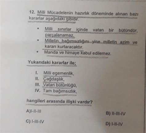 12 Milli Mücadelenin hazırlık döneminde alınan bazı kararlar aşağıdaki