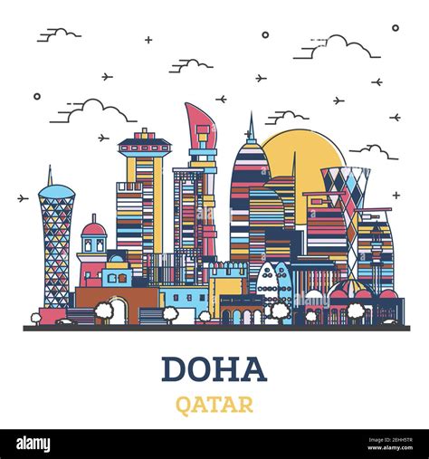 Outline Doha Qatar City Skyline with Colored Modern Buildings Isolated on White. Vector ...