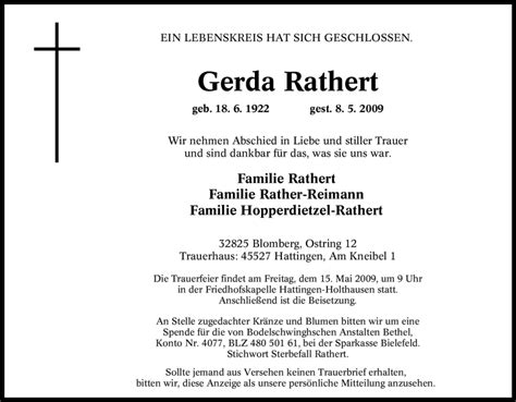 Traueranzeigen Von Gerda Rathert Trauer In NRW De