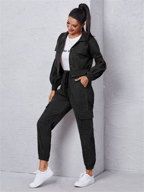 SHEIN Mulvari Cazadora De Pana Con Solapa Con Pantalones Cargo Con