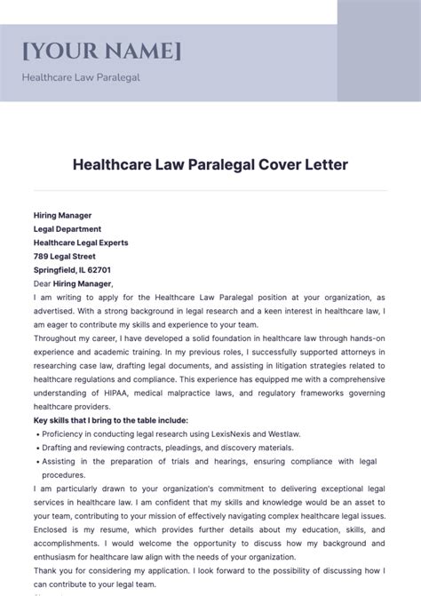 Free Healthcare Law Paralegal Cover Letter Template Edit Online