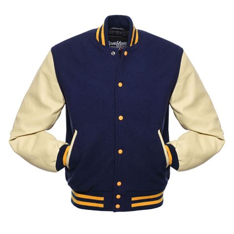 Jacketshop Jacket Navy Blue Wool Cream Leather Letter Jacket