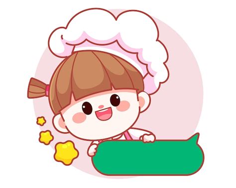 Free Vector Cute Girl Chef Holding Tray Platter Plate Banner Logo Cartoon Art Illustration