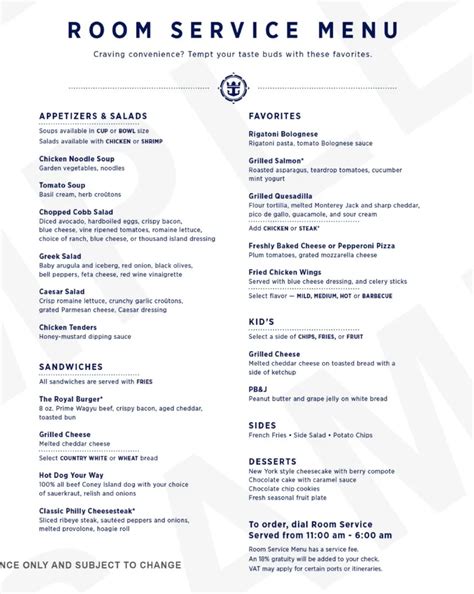 royal caribbean room service menu prices  tips
