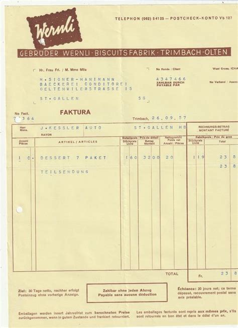 Rechnung Trimbach Olten 1957 Biscuits Wernli Kaufen Auf Ricardo