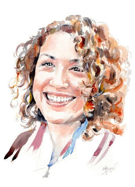 A Watercolor Painting Of A Woman With Curly Hair And Blue Eyes Smiling