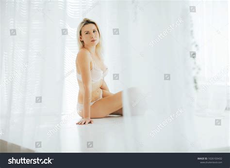 Sexy Blonde Woman Underwear Posing Isolated Stock Photo 1026103432