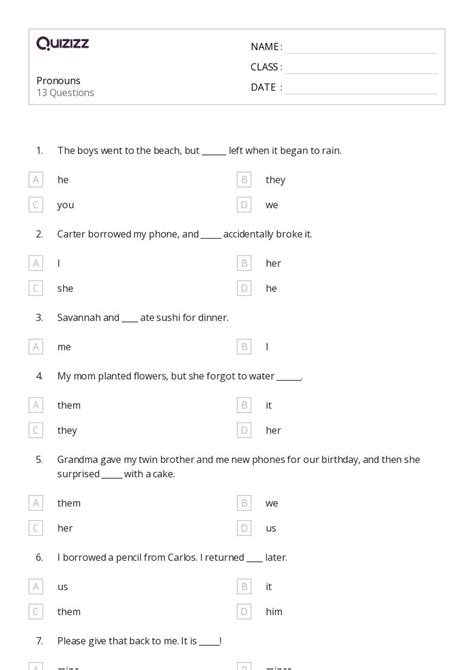 50 Pronouns Worksheets For 8th Class On Quizizz Free Printable