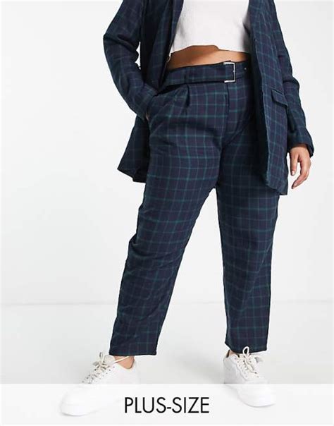 Heartbreak Plus Belted Tailored Pants In Navy And Green Check Asos