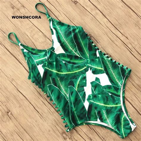 2018 Sexy One Piece Swimsuit Women Swimwear Green Leaf Bodysuit Bandage Cut Out Summer Beach