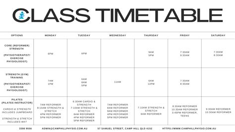 Class Timetable Camp Hill Physiotherapy And Exercise Centre