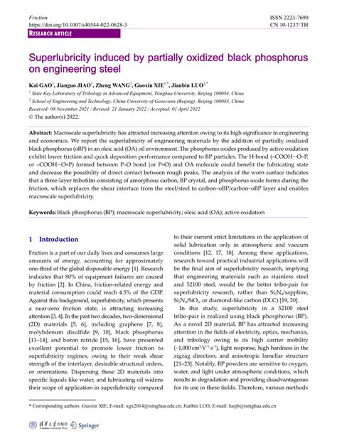 Pdf Superlubricity Induced By Partially Oxidized Black Phosphorus On