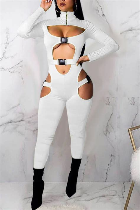 Sexy Solid Hollowed Out Split Joint Zipper Collar Skinny Jumpsuits