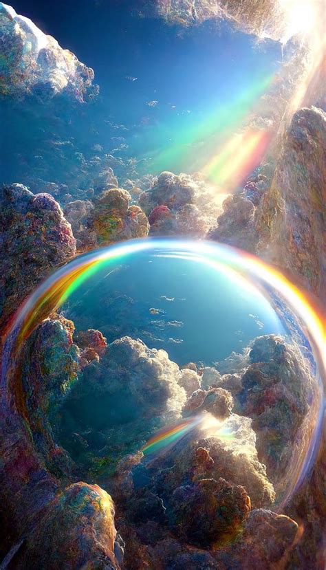 The Sun Shines Brightly In Front Of An Image Of Some Clouds And A Rainbow