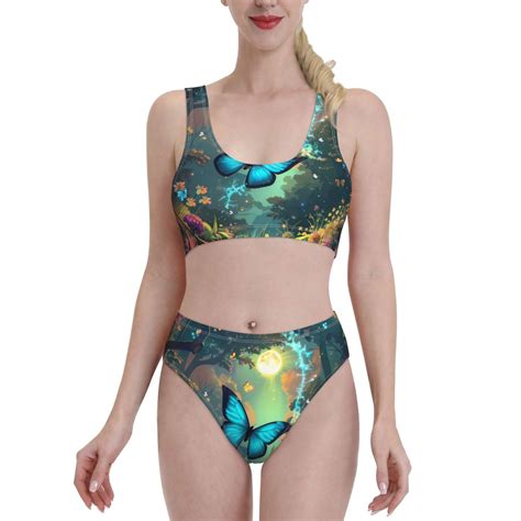 Logiee Enchanted Forest Butterfly A Print Women S Piece Bikini Set Halter Bathing Suit High