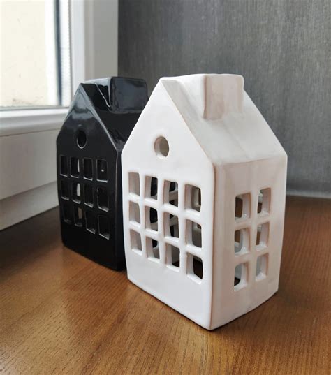 Set Of 2 Handmade Ceramic Houses White Black Tealight Candle Etsy