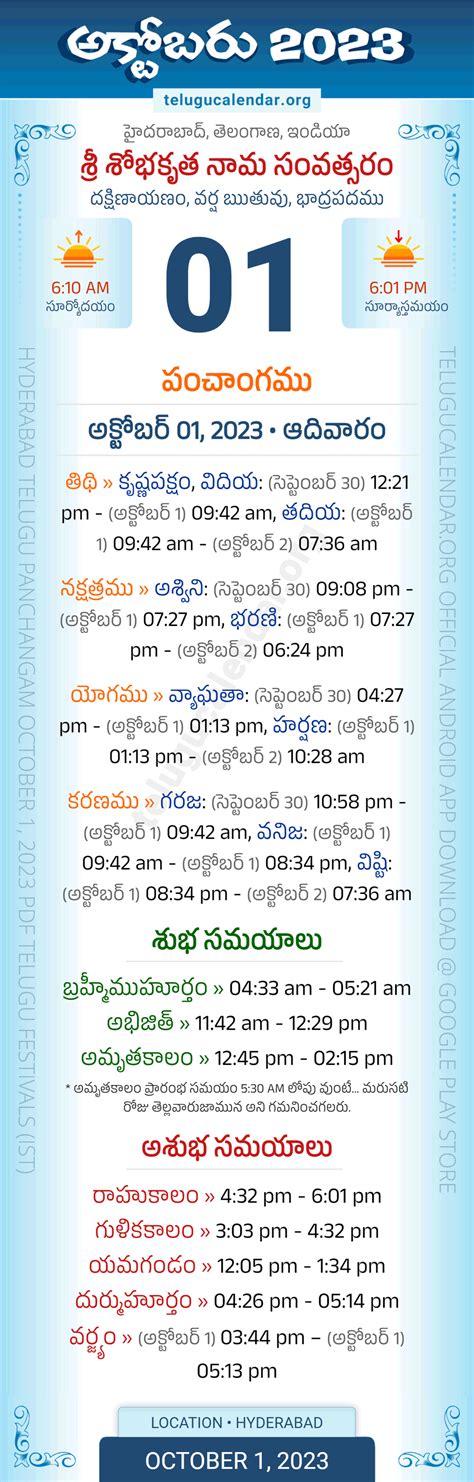 Telangana Panchangam October Telugu Calendar Daily