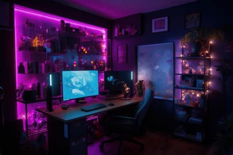 Premium Photo Beautiful Gaming Set Up With Purple Lights Generative Ai