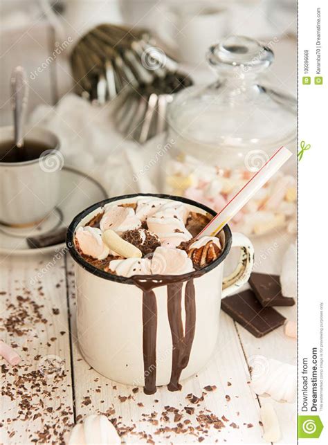 Mug Of Hot Chocolate Drink With Marshmallow Candies On Top And C Stock Image Image Of White