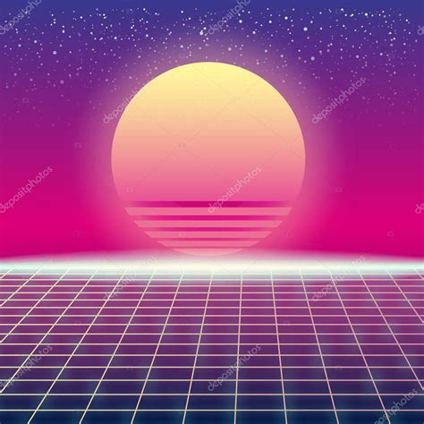 Retro Futuristico Paesaggio Sintetico Con Sole E Griglia Laser In Stile