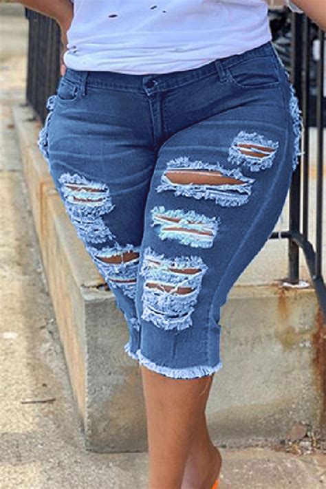 Wholesale The Cowboy Blue Fashion Casual Solid Ripped Plus Size Jeans