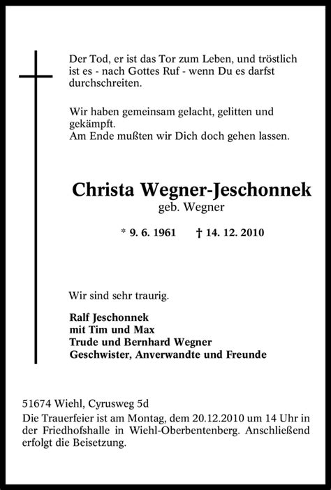 Traueranzeigen Von Christa Wegner Jeschonnek Trauer In NRW De