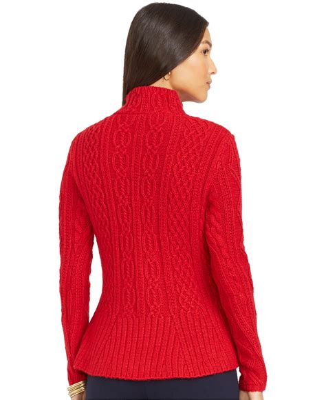 Lauren By Ralph Lauren Mock Turtleneck Cable Knit Peplum Sweater In Red