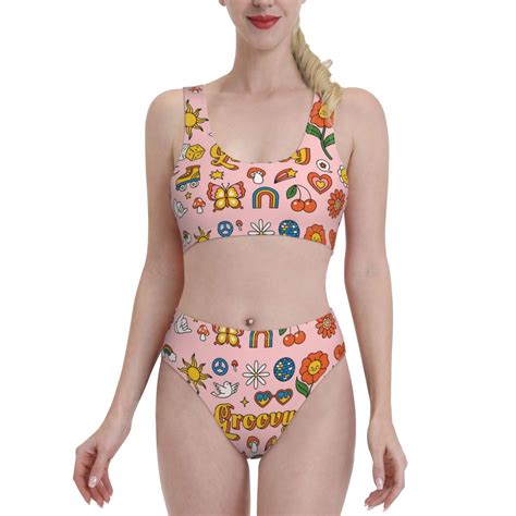 Adobk Retro S Hippie Print Women High Waisted Bikini Set Sports