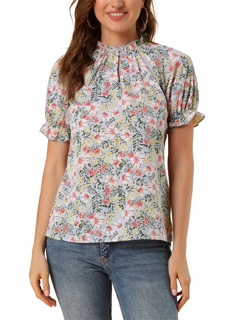 Allegra K Womens Floral Ruffled Short Sleeve Tops Ruffle Neck Casual Blouses