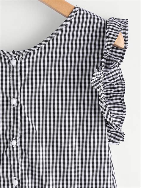 Gingham Frill Trim Button Back Top SheIn Sheinside