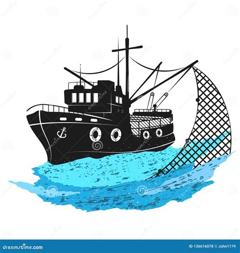 Barco De Pesca Con Las Redes Stock de ilustración Ilustración de azul