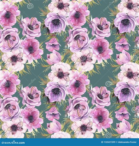 Watercolor Seamless Pattern With Anemones And Butterflies Romantic