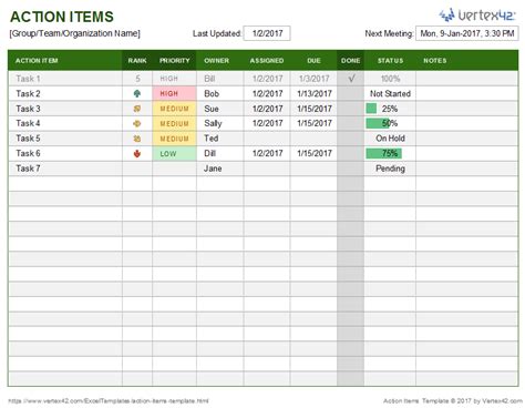 Screenshot of the Action Items Template in Excel | Meeting notes ...