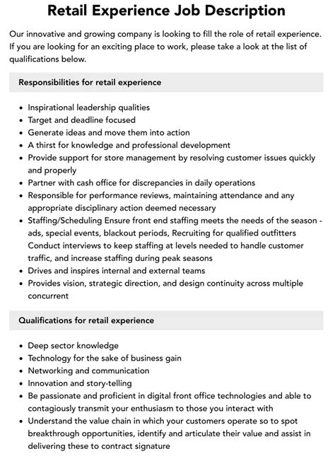 Retail Experience Job Description Velvet Jobs
