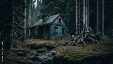 Photograph Of A Forest With A Creepy Abandoned Cabin 50mm F4 Cinematic